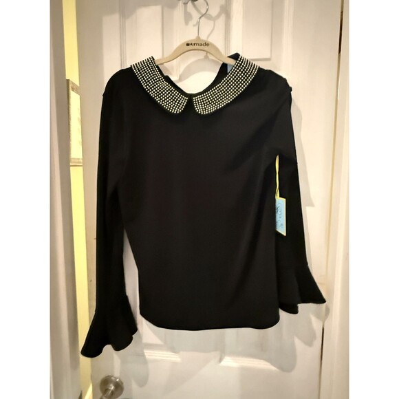 CeCe Black Blouse With Pearl Collar NWT Size Small - Picture 1 of 6